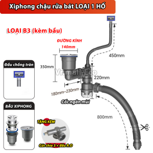 Bộ xiphong thoát nước ngăn mùi chống tắc nghẽn cho bồn rửa bát 1 hố