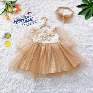 [V007] Váy công chúa đính hoa ngực bé gái 4 đến 28kg chất đũi xốp phủ lưới kim tuyến