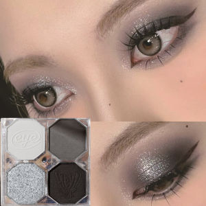 HBESTY Smoky Silver Gray Black Eyeshadow Palette Dark Punk Glitter 4 Colors Eye Shadow Waterproof Easy Coloring Pink Brown Eye Makeup