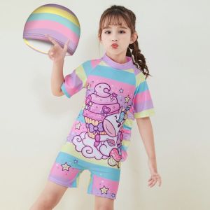 BAJU RENANG PENDEK TERUSAN ANAK GADIS SET DENGAN TOPI BAHAN TEBAL MOTIF LUCU SWIM SUIT