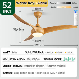 【COD】 Lampu Kipas Angin Gantung Plafon Hias Ruang Tamu 2IN1 3 Warna 6 Kecepatan 52 Inci Meja Makan Kamar Tidur LED Dan Bilah Kipas Kayu Lampu Kipas Angin Dengan Remote