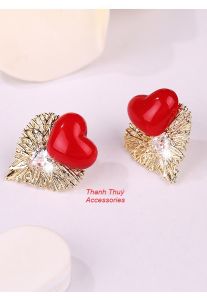 Bông tai bạc 925 tim đỏ thiết kế Hàn Quốc