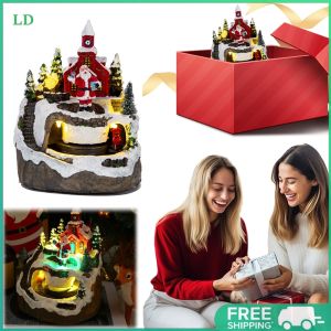 COD [Free Shipping] Resin Garden Ornament with Musical Lights Christmas Village Figurines for Seasonal Decor