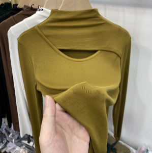 LAREINE Korean Chic Style Women Blouse Top Hollow Half Turtleneck Long Sleeve Bottoming Shirt T-Shirt