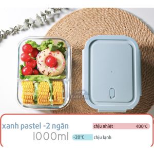 Hộp Thủy Tinh Chịu Nhiệt Chữ Nhật 1000ml - Chia 2 Ngăn - Nắp Có Ron Chống Tràn - Hộp Mang Cơm Đựng Thực Phẩm