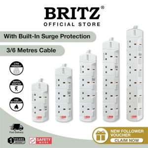 BRITZ Extension Socket Cord With Surge Protection  Safety Mark   2 / 3 / 4 / 5 / 6 Way [ 3  6 Metres ] FOC 2 PIN KEYPLUG