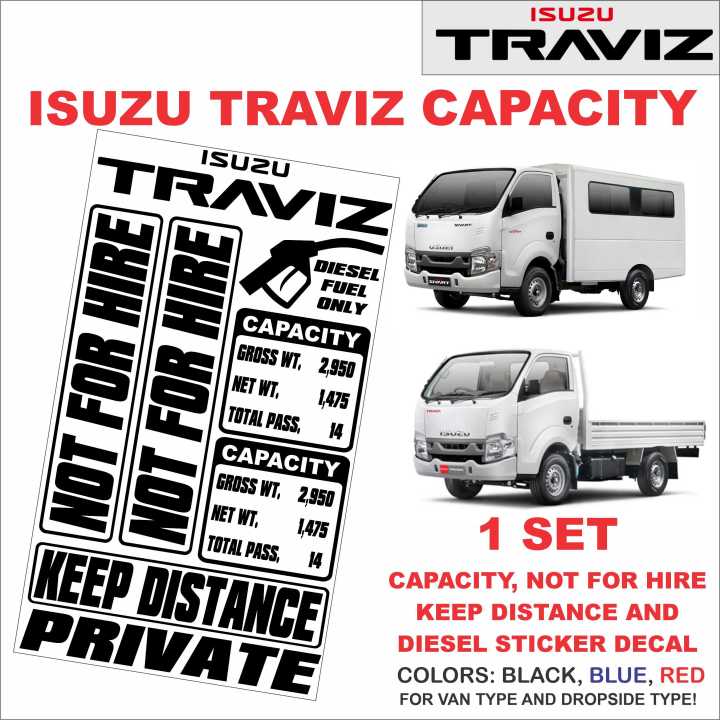 ISUZU Traviz Capacity, Not for Hire, Private Sticker Decal 1 SET