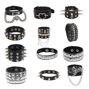 pamelaea 90s Fashion Punk Style Bracelet Personality PU Leather Three Rows Spikes Square Bracelets Bangle 2024 Party Jewelry Gift