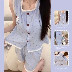 GOOTRADES ดอท KT แมว ชุดนอนแมวคิตตี้ ขาสั้น แขนสั้น ชุดนอนการ์ตูน ลำลอง ชุดอยู่บ้าน ชุดนอนผู้หญิง ของขวัญสำหรับเด็กผู้หญิง