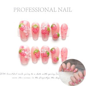 [HANDMADE]Artificial Nail 3D Pink Hand-painted Strawberry Sweetheart Cute Style Phototpy Nails Reusable and Removable Nails