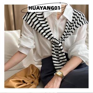 HUAYANG01 [HOT FASHION] ผ้าคลุมไหล่ด้านนอกสำหรับผู้หญิงสไตล์เกาหลีใหม่ฤดูใบไม้ผลิและฤดูใบไม้ร่วงปกปลอมบางผ้าขนสัตว์ลายทางผ้าพันคอถักใช้ได้สองครั้ง