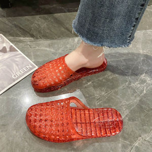 Free Shipping WomenS Plastic Slippers Thick-Soled New Summer Style Versatile Non-Slip Slip-On Crystal Half-Toe Design Soft