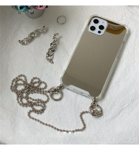 สายคล้องแบบมีเคสกระจกสร้อยข้อมือลูกปัดโลหะเกาหลีสุดหรูสำหรับ Iphone 11 12 13 14 Pro Max XR X XS 7 8 Plus ฝาหลัง