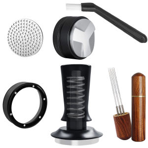 6Pcs Spring Coffee Tamper 3Angled Distributor 51/53/58mm Espresso Tampers Tools with Stirrer Tool Filter Screen Dosing Funnel Cleaning Brush Tampers Adjustable Distributor