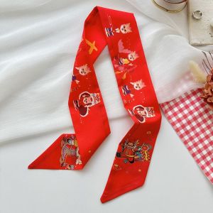 HOT Dragon Pattern New Year Red Silk Scarf New Year Scarves Printed Long Scarf All-match Ribbon Headband Scarf Hair Band Women