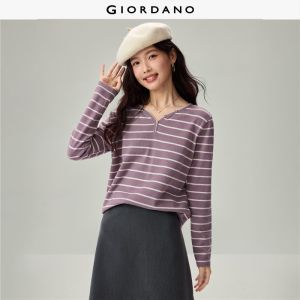 GIORDANO Women Sweaters Striped Button Trim V-Neck Tee Medium Stretch Soft Comfort Fashionable Casual Loose Sweaters 13356655