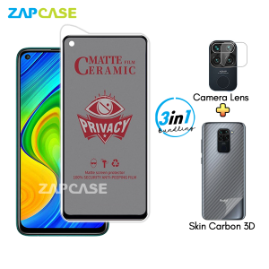 Paket 3in1 Anti Gores Layar Privasi Xiaomi Redmi Note 9 Free Tempered Glass Camera dan Skin Carbon