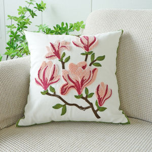 45x45CM New Green Fresh Magnolia Flower Embroidered Pillowcase Green Leaf Sofa Throw Pillow Cover Embroidered Leaf Stamping Waist Cushion Cover Decor Home Hotel Office Waist Pillow Decorative