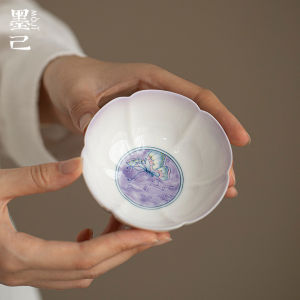 墨己陶瓷手绘花口茶杯功夫茶具家用主人杯渐变紫釉下彩蝴蝶品茗杯