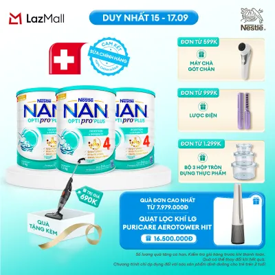 [CHỈ 15-17.9 QT ĐƠN 599K/999K/1299K][Tặng Máy hút bụi cầm tay Gaabor] Bộ 3 lon Sữa Bột Nestlé NAN OPTIPRO PLUS 4 1500g Cho Bé 2 - 6 Tuổi: Công Thức Độc Quyền Nhập Khẩu Từ Thụy Sỹ Chứa Phức Hợp 5-HMO