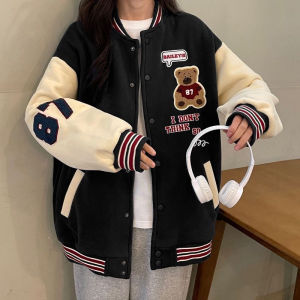 เสื้อกันหนาว เสื้อแจ็คเก็ตเบสบอล แบบกระดุม ผ้าสำลี สกรีนลายหมี ทรงหลวม สไตส์เกาหลี