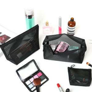 [small chrysanthemum]Ins สีดำใสตาข่ายกระเป๋าเครื่องสำอางมัลติฟังก์ชั่ถุงซักเดินทางแบบพกพาตาข่ายซิปถุงเก็บ