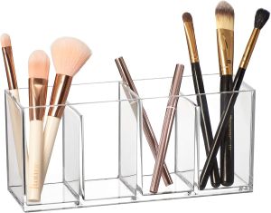 Amazing Abby - Glamour - Acrylic 4-Compartment Makeup Organizer Transparent Plastic Makeup Brush Holder Bathroom Vanity Storage Solution for Makeup Brushes Eyebrow Pencils and More