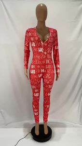 ชุดนอนผู้หญิงพิมพ์ลายคริสต์มาส ชุดนอนฤดูใบไม้ร่วง ชุดจั๊มสูทผู้หญิง ลาย HoHo