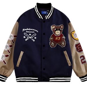 Jaket Bomber Baseball Pria&Wanita Beruang 23 Motif Bordir Premium Bahan Tebal Korea Fashion
