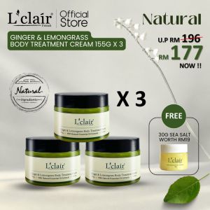 Lclair Ginger & Lemongrass Body Treatment Cream (3 x 155g) [Free 1 x 30g Sea salt body cleanser worth RM19]