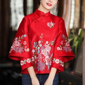 FE New Year Tang Suit Womens Clothing Chinese Style High-End Elegant Buckle Chinese Style Vintage Embroidery Short Improved Cheongsam Top 1.12