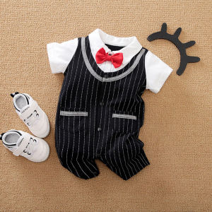 Baby Clothes 100% Cotton Short Sleeve Bodysuit Gentleman Jumpsuit Bowknot Decor Romper For 0-18months Baby Boys
