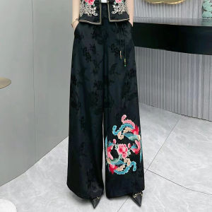 Joso Cao Chất Lượng nữ lớn Của Mùa Hè Trọng Lượng Nhẹ Lỏng Thêu Quần phong cách dân tộc Thắt lưng co giãn Thêu Quần quần ống rộng Của Phụ Nữ Trung Quốc Thêu Quần