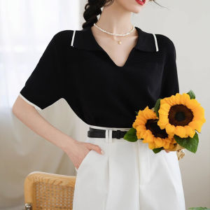 New Womens Short Sleeved Knitted Shirt Women V-neck Casual Blouse