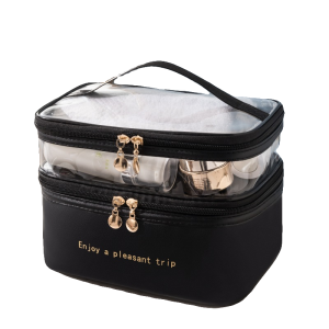 Waterproof Double Layer PU Transparent Solid Color Travel Cosmetic Bag Make Up Bag