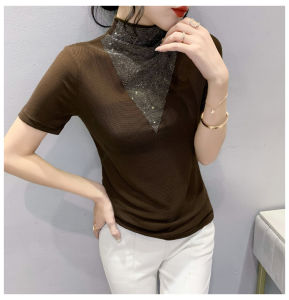 REHIN Womens top New fashion print high neck short-sleeved T-shirt slim fit and thin blouse
