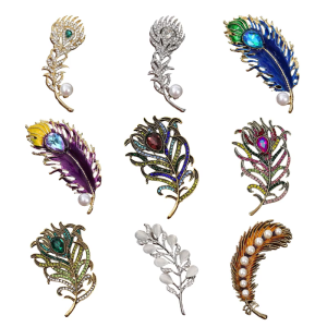 Peacocks Feather Pin With Glittering Stones Stylish Decoration For Jackets Scarves Or Handbags Clothes Accessories