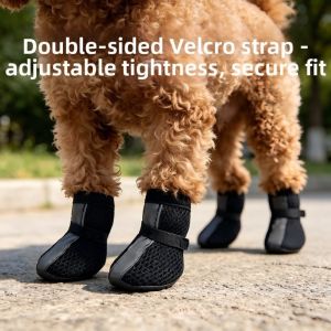 OUTOPEN 4PCS/SET Non-slip Mesh Dog Shoes Reflective Stripe Breathable Pet Booties Protective Footwear Hook-and-loop Strap Dog Sneakers Outdoor Use