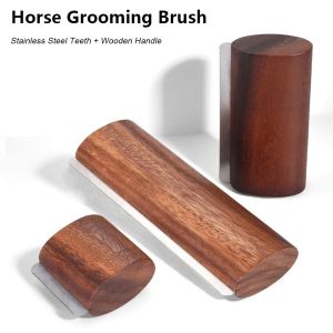OUTOPEAN 1Pcs Wooden Handle Horse Grooming Brush Shedding Stainless Steel Teeth Horse Hair Scrapers  S/M/L Cleaning Tool