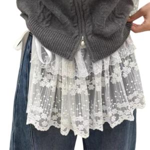 Women Ruffle Lace Shirt Extender Layering Fake Top Lower Sweep Shirt Hemline Half Length Skirt Tieback Lace Underskirts