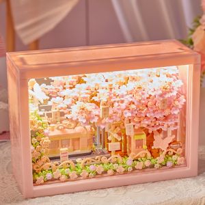 Mini Flower House Building Blocks Photo Frame with LED Light Display Box Decor Gift for Girls