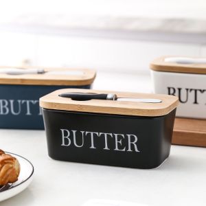 BOSSLU Kotak Penyimpanan Mentega Butter Bahan Keramik Butter Storage Dengan Pisau Oles & Tutup Kayu