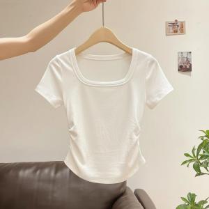 Pink v-neck slim waist short-sleeved T-shirt for women summer high waist short top White U-neck T-shirt Top