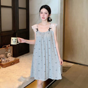 Plus Size Nightdress Summer Modal Cotton Bow Printed Short Sleep Skirt Womens Sweet Loose Sleepwear Lace Home Wear Dress Clothes