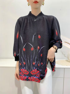 S-828# One Size (45-75kg) Spring/Summer Pleated Shirt WomenS Stand Collar Printed Jacket Cardigan Toothpick Pleated Clothes