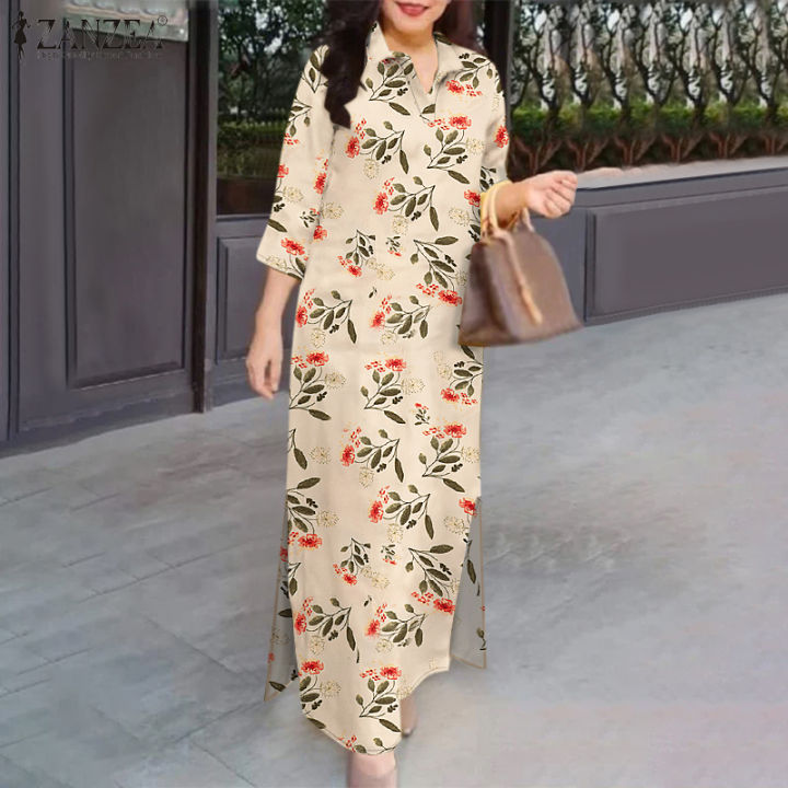 Fancystyle ZANZEA Women Holiday Casual Floral Print Dresses Three Quarter  Sleeve Split Long Daily Dress #0303 | Lazada PH