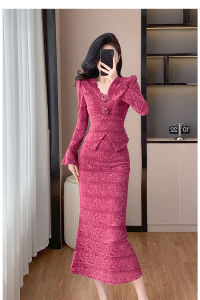 Impression Fashion Store Women Elegant V-neck Lace Long Flare Sleeve Blouse and High Waist Bodycon Long Skirt 2 Pcs Set