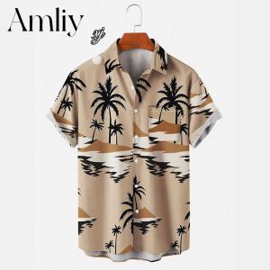 Hawaiian Shirts For Men Lapel Shirt Top Coconut Print Single-Breasted Thin Casual Tops Short Sleeve Men’s