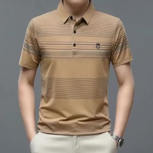 Polo Shirt Men Tops Fashion Smart Casual Short Sleeve Office Work Clothes Striped Print Summer Polo For Men Formal Wear