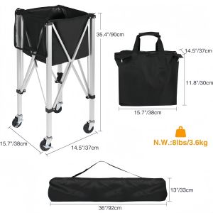 Pickleball Tennis Basket With Wheels Ball Pickup Trolley 75 Balls Plastic Folding Lever Portable Cart for Hard Ground and Grass Easy to Use